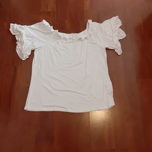 Womens white T shirt top with ruffle short sleeve